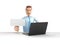 Proposal or search concept man in cartoon style sits by a laptop with a white sign in his hand 3d render on white