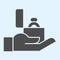 Proposal solid icon. Ring in box on hand, man offering marriage for lady. Wedding asset vector design concept, glyph