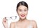 Proposing product. Beauty asian girl showing glasses