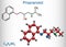 Propranolol molecule. It is synthetic, nonselective beta blocker, used to treat for hypertension. Structural chemical formula and