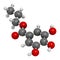 Propyl gallate antioxidant food additive molecule. 3D rendering. Atoms are represented as spheres with conventional color coding: