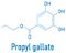 Propyl gallate or propyl 3,4,5-trihydroxybenzoate antioxidant food additive molecule. Skeletal formula.