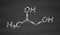 Propylene glycol (1,2-propanediol) molecule. Used as solvent in pharmaceutical drugs, as food additive, in de-icing solutions, etc