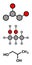 Propylene glycol (1,2-propanediol) molecule. Used as solvent in pharmaceutical drugs, as food additive, in de-icing solutions, etc