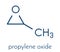 Propylene oxide molecule. Used as fumigant in pasteurization of almonds and pistachio nuts. Skeletal formula.