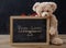 Pros contra cons, teddy bear holds a framed chalkboard with empty list on, blackboard background