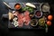 Prosciutto crudo or jamon with olives, parmesan cheese and basil on a wooden board, top view of black marble cutting board with