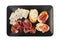 Prosciutto Tapas and Mold Cheese on Black Plate, Spanish Jamon Slices, Parma Ham, Sliced Serrano, Iberico