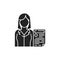 Prosecutor with document glyph black icon. Courthouse concept. Law and justice profession. Sign for web page, mobile app, button,