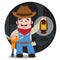 Prospector, cowboy, wild west illustration. Cartoon character of a man with a jackhammer and a lamp