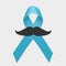 Prostate cancer blue ribbon and mustache isolated. November support men day vector. Prostate cancer