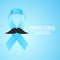 Prostate cancer ribbon awareness. Fighting cancer. Blue ribbon with a man`s mustache. The month of November. Vector