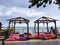 Protaras. Famagusta region. Cyprus. Cafe next to the beach, no people. Tents with soft, low mattresses, scattered multi-colored