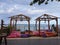 Protaras. Famagusta region. Cyprus. Cafe next to the beach, no people. Tents with soft, low mattresses, scattered multi-colored