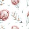 Protea seamless pattern flower. watercolor tropical leaves, hand painted illustration of exotic floral elements