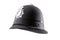 Protect and serve, rule of law and enforcement of  legislation concept with black english policeman helmet officer with silver