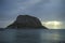 Protected ancient fortress on island rock Monemvasia, view from mainland at night , Peloponnese treasures, Greece