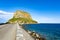 Protected ancient fortress on island rock Monemvasia, view from mainland, Peloponnese treasures, Greece