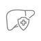 Protected liver line icon. Treatment, first aid for digestive organ disease symbol