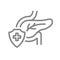Protected pancreas line icon. First aid for human organ, digestive and endocrine system disease symbol