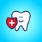 Protected tooth, healthy, white, happy tooth, dentistry, oral hygiene. Shield with a plus sign. vector