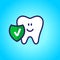 Protected tooth, healthy, white, happy tooth, dentistry, oral hygiene. Shield with a tick symbol. vector