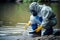 Protecting our Waterways: A Scientist Collecting Samples from a River in a Protective Suit. Generative ai