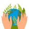 Protecting planet. Hands hold green leaves, save the earth, ecological activists, banner or card, ecology and