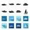 Protection boat, lifeboat, cargo steamer, sports yacht.Ships and water transport set collection icons in black,flet