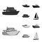 Protection boat, lifeboat, cargo steamer, sports yacht.Ships and water transport set collection icons in black,monochrom