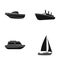 Protection boat, lifeboat, cargo steamer, sports yacht.Ships and water transport set collection icons in black style