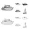 Protection boat, lifeboat, cargo steamer, sports yacht.Ships and water transport set collection icons in outline