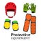 Protection equipment for bike, gear for bicycle in flat style. Helmet, knee pads, elbow pads, gloves in bright colors.