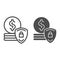 Protection money line and glyph icon. Dollar coins and shield vector illustration isolated on white. Finance secure