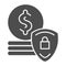 Protection money solid icon. Dollar coins and shield vector illustration isolated on white. Finance secure glyph style