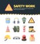 Protection safety work tools set. Manufacture items special work gloves headphones from high decibels yellow helmet gas