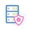 Protection shield with database servers showing concept flat icon of secure server, database security