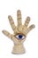 Protective amulet in the shape of an open palm and eye made of felted wool