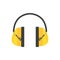 Protective ear muffs. Yellow headphones for construction worker. Professional equipment for hearing safety. Flat vector