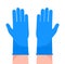 Protective gloves are put on hands. Blue latex gloves for protection skin against harmful viruses and bacteria. Disinfection