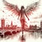 protective guarding angel over a cityscape red black drawing art