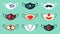 Protective masks with cool drawings set. Stylish black mustache colorful red hearts big painted lips with clown mask and