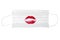 Protective medical mask with red lipstick kiss print on white background isolated close up, nurse lips mark on disposable mask