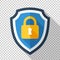 Protective shield with locked padlock icon in flat style on transparent background