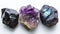 Protective trio of Amethyst, Black Tourmaline, and Labradorite, offering a sense of security and mystique on a white