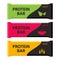 Protein bars with different flavors. Organic, tropical and cereal. Sport and fitness supplements. Vector