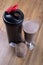 Protein shake, shaker and round scoop