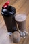 Protein shake, shaker and round scoop