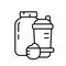 Protein whey bottle, shaker, measuring spoon with dry powder. Set for making sports cocktail. Bodybuilding illustration for bar,