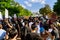 Protest after George Floyd death, Black Lives Matter group standing against White House president Donald Trump